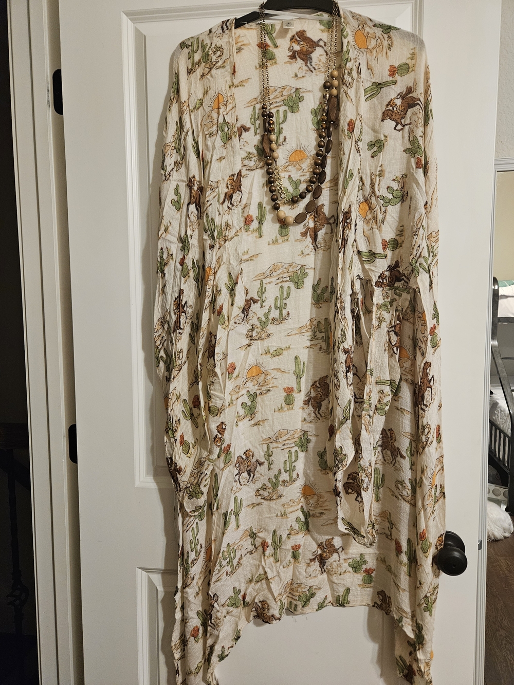 Boho Desert Cowboy Print Lightweight Kimono  - Cream with Green & Brown Motif
